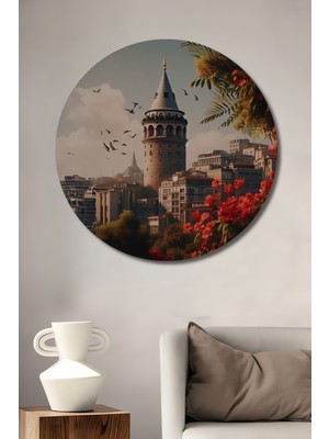 Teona Ahşap Galata Kulesi Yağlı Boya Görünümlü Ahşap Dekoratif Tablo Yuvarlak Tablo