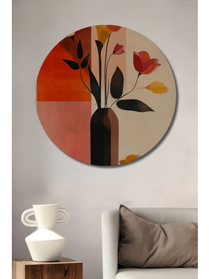 Teona Ahşap Büyülü Vazo Çiçekleri Yağlı Boya Görünümlü Modern Sanat Ahşap Dekoratif Tablo Yuvarlak Tablo