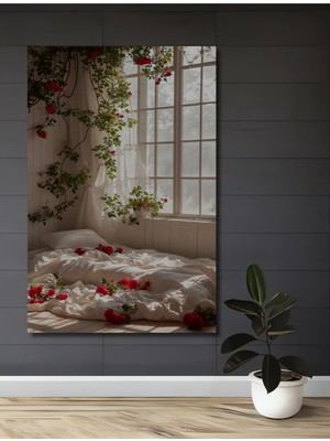 Teona Ahşap Romantik Yağlı Boya Görünümlü Ahşap Tablo Kırmızı Güllerle Bezeli Rüya Gibi Oda Dikdörtgen Tablo