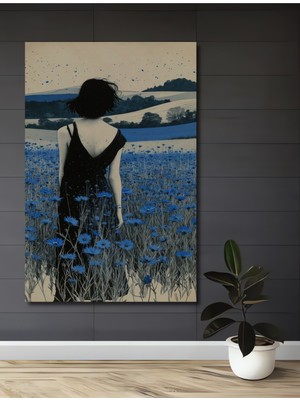 Teona Ahşap Mavi Çiçekler Arasında Yürüyen Kadın Yağlı Boya Görünümlü Ahşap Dekoratif Tablo Dikdörtgen Tablo