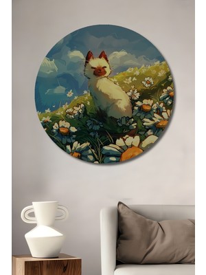 Teona Ahşap Papatyalar Arasındaki Tatlı Kedi Sulu Boya Görünümlü Ahşap Dekoratif Tablo Yuvarlak Tablo