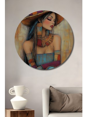 Teona Ahşap Etnik Kadın Portresi Yağlı Boya Görünümlü Ahşap Dekoratif Tablo Yuvarlak Tablo