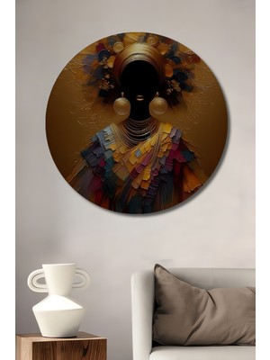 Teona Ahşap Altın Renkli Yağlı Boya Görünümlü Afrikalı Kadın Ahşap Dekoratif Tablo Yuvarlak Tablo
