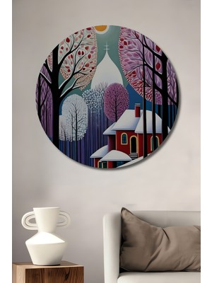 Teona Ahşap Kış Masalı Yağlı Boya Görünümlü Ahşap Dekoratif Tablo Yuvarlak Tablo