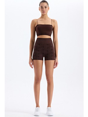 COMEUP Jakarlı Çiçek Desenli Kadın Kısa Spor Şort Slim Fit Özellikli Kakao Kahve
