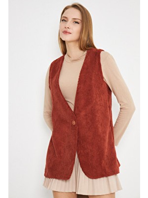 Armonika Kadın Kiremit V Yaka Tek Düğmeli Oversize Kalın Fitilli Kadife Yelek ARM-25K001016