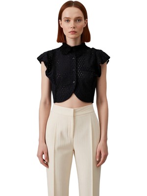 Ersefa Kadın Günlük Crop Gömlek Brode Detaylı Kısa Kollu Yaz Stili Şıklık ve Konfor Fonksiyonel Şık