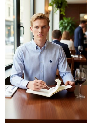 FRM Erkek Regular Fit Uzun Kollu Gömlek Çizgili Desen ve Nakış Detayıyla Konforlu Bir Şıklık Şık