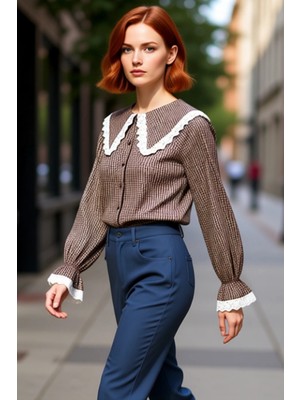 PayBuy Kadın Pötikareli Bebe Yaka Dantel Detaylı Reglan Kol Crop Gömlek Günlük Şıklık Fonksiyonel