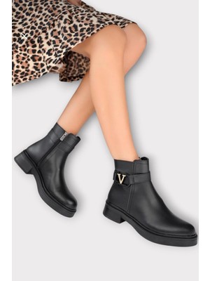 Liger Kısa Topuklu Fermuarlı Kadın Bot Siyah - Altın