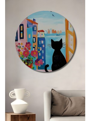 Teona Ahşap Renkli Pencere Önünde Kara Kedi Yağlı Boya Görünümlü Ahşap Dekoratif Tablo Yuvarlak Tablo