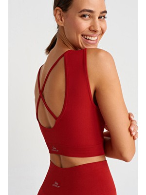 COMEUP Göğüs Pedli Rib Dokulu Sırtı Çapraz Crop Top Kırmızı