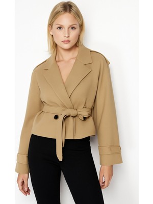 Hakke Kadın Crop Blazer Dokuma Trençkot Ceket Taş Renkli Şık Tasarım Özellikli