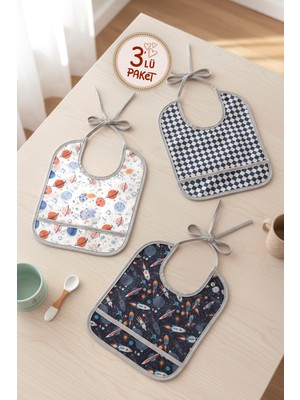 Hamur Proof 3'lü Sıvı Su Geçirmez Bebek Mama Önlüğü Ağız Silme Mendili Bağlamalı 3 Prç GriGrup 6-24 Ay