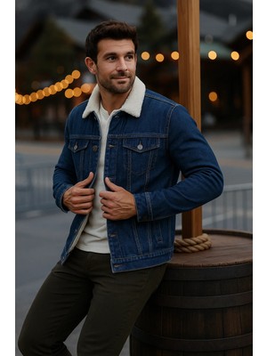 Comstar Erkek Kışlık Kalın Denim Ceket K.mavi İçi Kürk Düğmeli Cepli Casual Tasarım