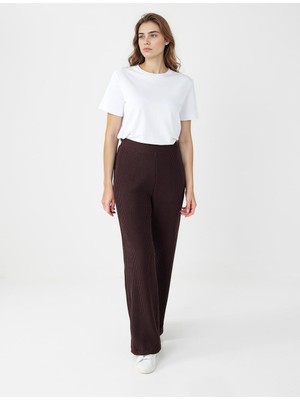 Jimmy Key Acı Kahve Yüksek Bel Bol Paça Desenli Çizgili Örme Pantolon