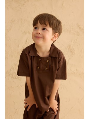 Fahhar Kids Kahverengi Çift Düğmeli Gömlek Kız Çocuk Günlük Stil Normal Kalıp