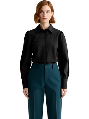 Ersefa Ofis Balon Kol Gömlek Yaka Düz Renk Pamuklu Dokuma Gömlek Kadın Giyiminde Zarafet Kaliteli