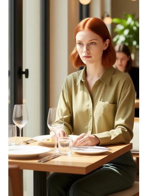 FRM Kadın Haki Modal Gömlek Rahat Kesim Uzun Kollu Çizgili Fonksiyonel Dayanıklı Kaliteli Spor