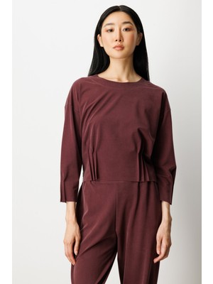 On Kadın Pile Detaylı Sıfır Yaka Bluz 64408 Bordo