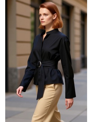 PayBuy Kadınların Şıklığını Tamamlayan Kuşak Detaylı Hakim Yaka Uzun Kollu Düz Renk Gömlek Bluz Şık