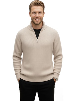 DeepSEA Erkek Bej Yarım Fermuarlı Oversize Kesim Triko Kazak – Yumuşak Dokulu Örgü Kazak 2608511
