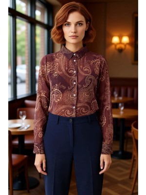 FRM Kadın Şal Desenli Uzun Kollu Şifon Gömlek Fonksiyonel Dayanıklı Kaliteli Konforlu Estetik Şık