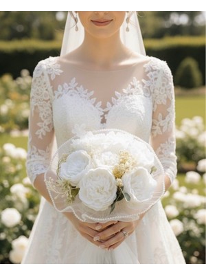 Lüks Inci Detaylı Yapay Şakayık Gelin Buketi | Beyaz Nişan & Düğün Fotoğraf Çekim Aksesuarı