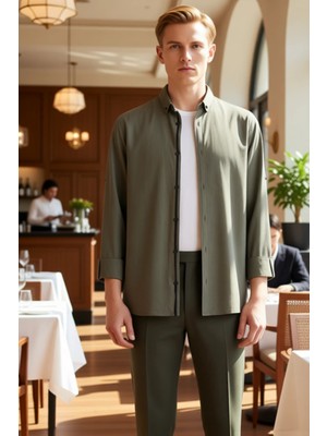 FRM Erkek Casual Slim Fit Keten Görünümlü Apoletli Düğmeli Yaka Uzun Kollu Pamuk Gömlek Modern