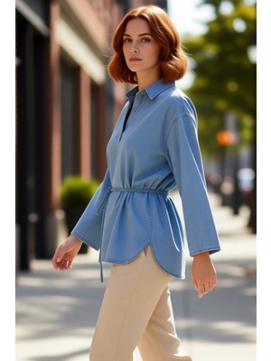 PayBuy Kadın Oversize Bol Kesim Denim Gömlek Bağlama Detaylı Şehir Stili Konforlu ve Modern Giyim Seçeneği