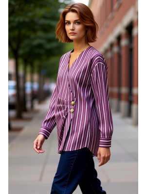 PayBuy Kadın Çizgili V Yaka Drapeli Dokuma Gömlek Fonksiyonel Dayanıklı Kaliteli Konforlu Estetik