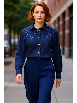 PayBuy Kadın Büyük Beden Taş Işlemeli Denim Gömlek Zamansız ve Konforu Birleştiriyor Fonksiyonel Şık