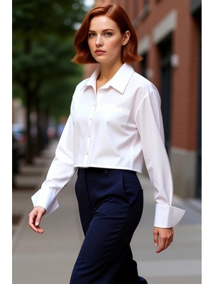 PayBuy Kadın Crop Gömlek Geniş Manşet Detaylı Dokuma Kumaş Rahat Kesim Günlük Şıklık Fonksiyonel Şık