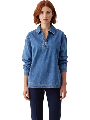 Ersefa Kadın Düz Renk Denim Oversize Gömlek Fermuar Detaylı ve Şıklık Gün Boyu Sizinle Fonksiyonel