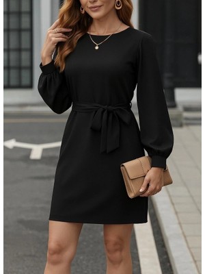 Kadın Uzun Kollu Kayık Yaka Belden Kuşaklı Kısa Ithal Krep Elbise