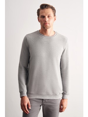 Gri Uzun Kol Bisiklet Yaka Düz Pamuklu Comfort Fit Sweatshirt 1013255150