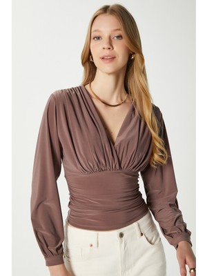 Ritnice Kadın Sante V Yaka Vizon Yumuşak Sandy Bluz
