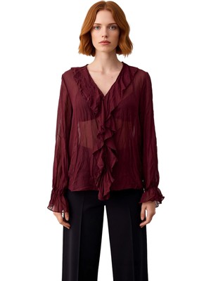 Ersefa Kadın Şifon Bluz Kırışık Görünümlü V Yaka Fırfırlı Uzun Kollu Zarif Gömlek Stili Dayanıklı