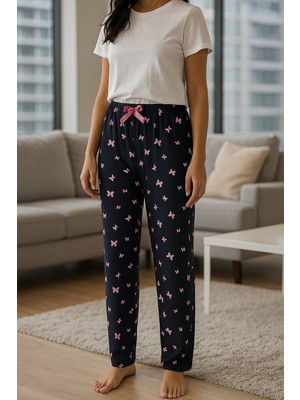 Made By Me Büyük Beden Kadın Pijama Altı Simli Kelebek Desenli Yumuşak Lacivert