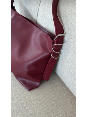 TheMoiss Büyük Boy Bordo Renk Toka Ayarlanabilir Halka Askı Tote Kadın El ve Omuz Çantasi