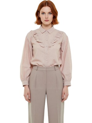 Ersefa Kadın Fırfır Detaylı Uzun Balon Kollu Dokuma Gömlek Her Mevsim Giyilebilir Şık Tasarım Spor