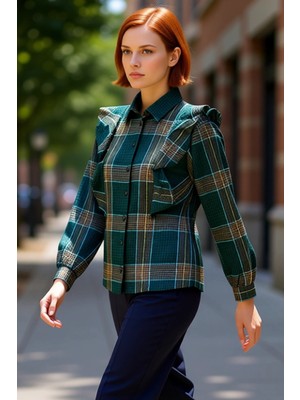 PayBuy Kadın Ekose Fırfırlı Dokulu Gömlek Fonksiyonel Dayanıklı Kaliteli Konforlu Estetik Premium