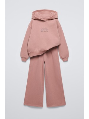 Magu Kız Çocuk Pamuklu Gül Kurusu Kapüşonlu Sweatshirt ve Geniş Paça Eşofman Takım