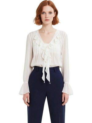 Ersefa Şifon Dokulu Kadın Gömlek Fırfırlı V Yaka Uzun Ispanyol Kol Detayları Zarif Tasarım Modern