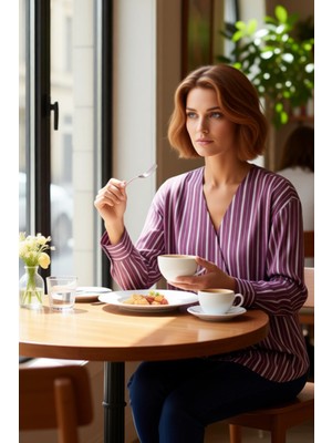 FRM Kadın Mürdüm Çizgili Wrap Detaylı Gömlek Fonksiyonel Dayanıklı Kaliteli Konforlu Estetik Şık