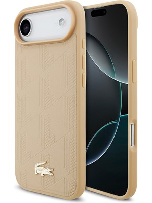 iPhone 17 Air Kılıf Lacoste Lisanslı M-Safeli Pu Deri Tasarımlı Karışık Monogram Desenli Kapak Bej