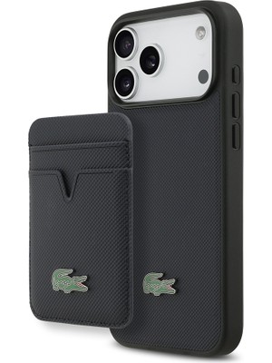iPhone 17 Pro Max Kılıf Lacoste Lisanslı M-Safeli Pu Pike Desen Metal Logo Kartlıklı Kapak Lacivert