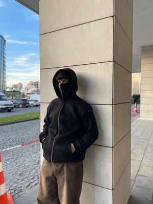 Velmora Fashion Samuray Ninja Çift Kapşonlu Zıp Fermuarlı Kanguru Çepli Tam Fermuarlı Hoodie Swetshirt - Siyah