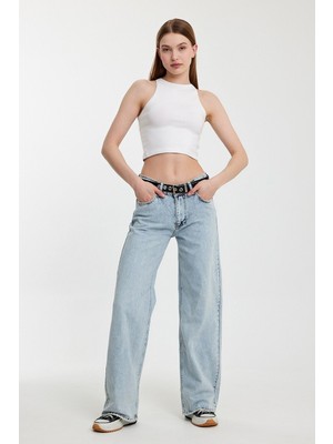 Whatsup Geniş Paça Düşük Bel Kadın Jean Pantolon  - Denim Denim - 29