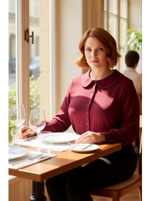 FRM Kadın Bebe Yaka Ponpon Detaylı Dokuma Gömlek Fonksiyonel Dayanıklı Kaliteli Konforlu Rahat